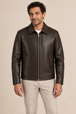 Men’s Split Leather Zip Jacket with Classic Collar