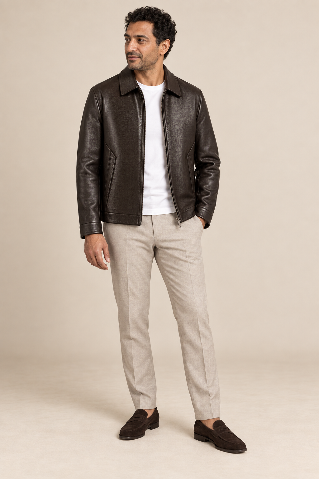Men’s Split Leather Zip Jacket with Classic Collar