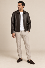 Men’s Split Leather Zip Jacket with Classic Collar
