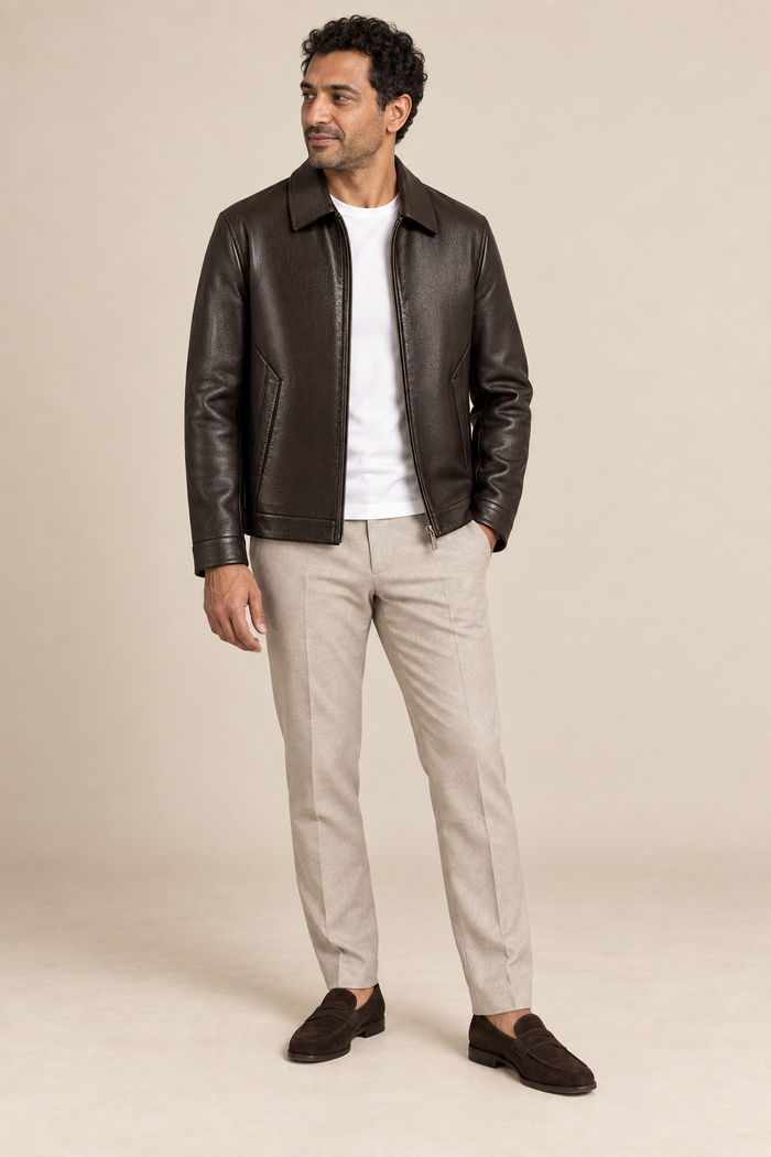 Men’s Split Leather Zip Jacket with Classic Collar