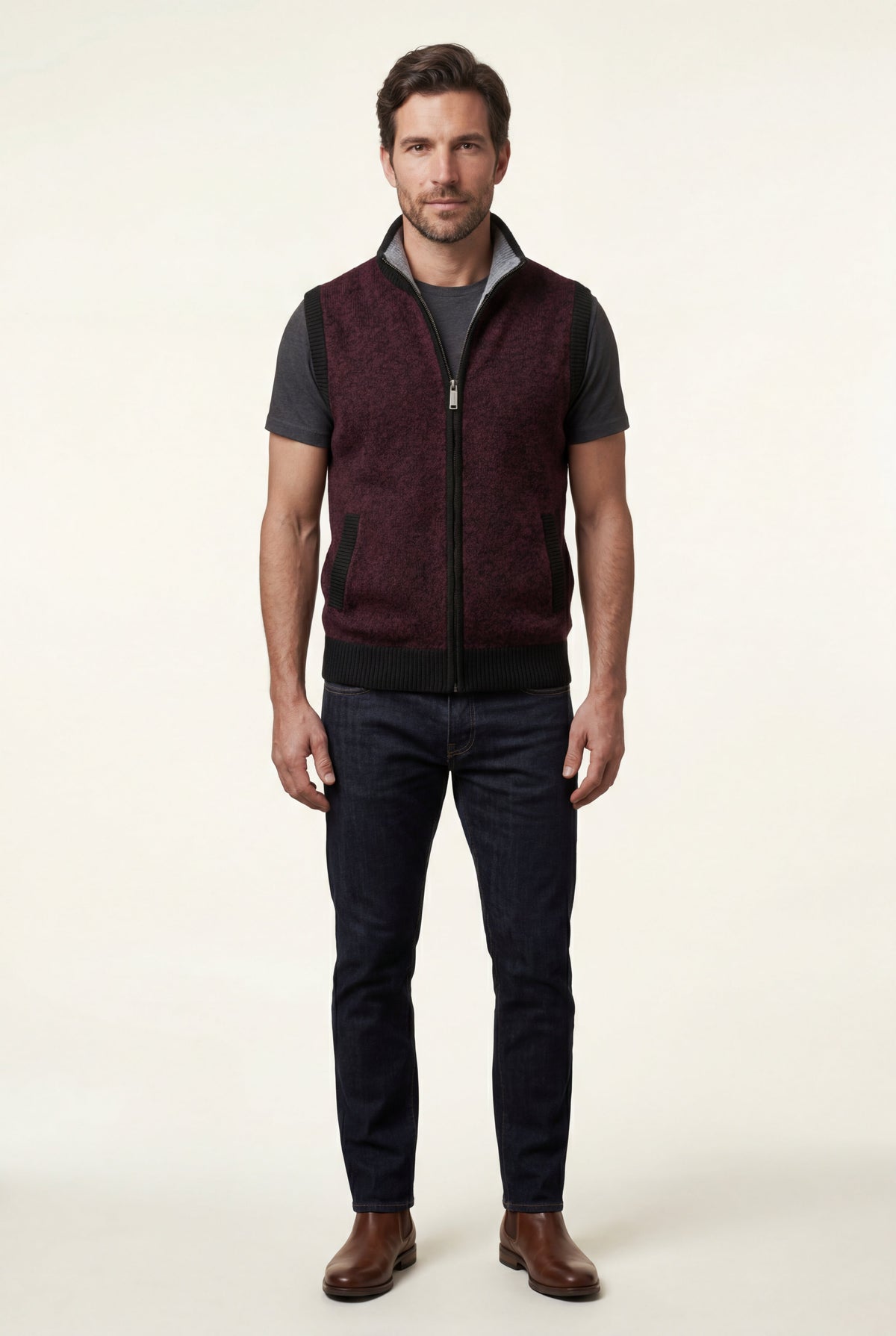 Men's Knitted Gilet with Zip and Colour Block Design