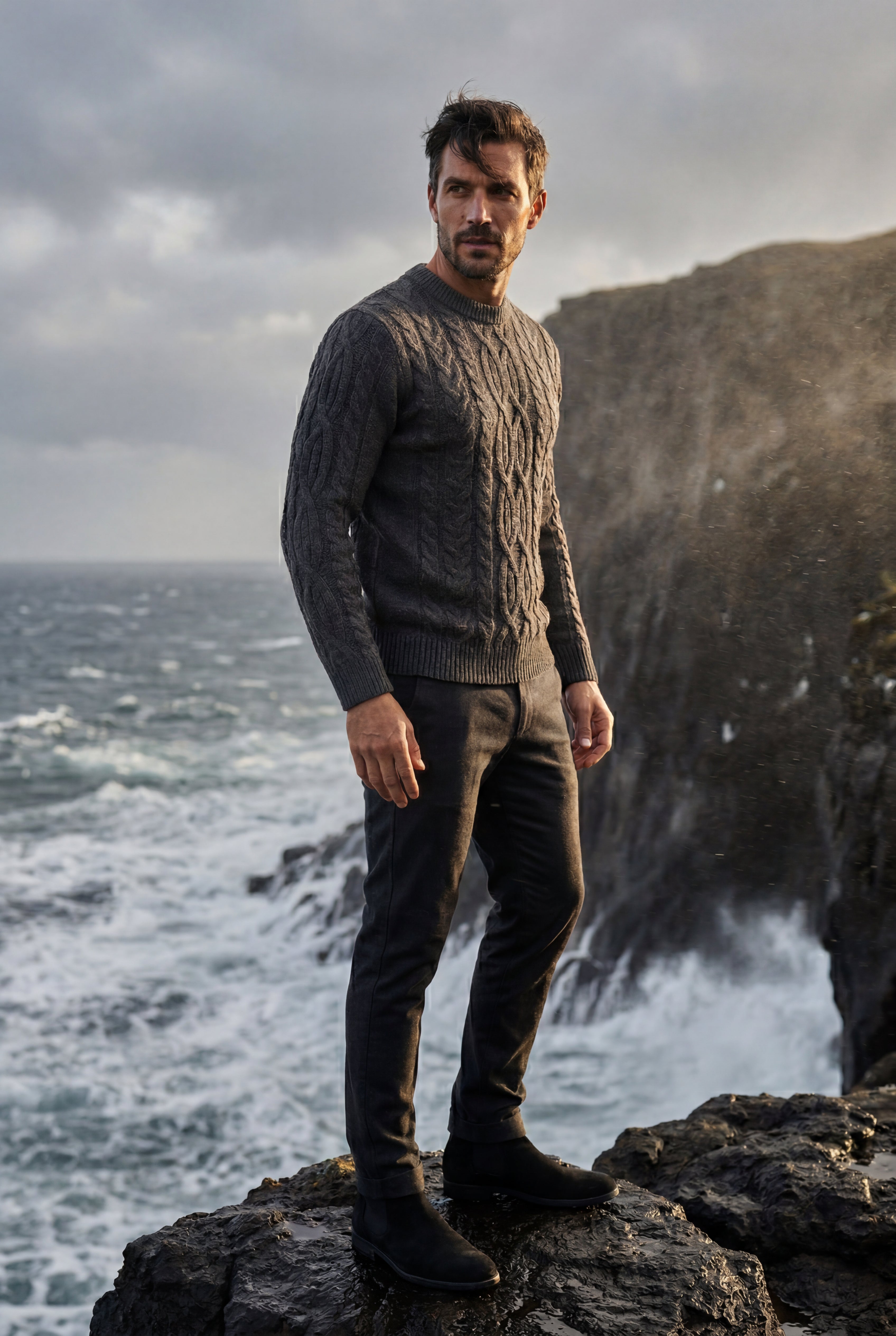 A chunky cable-knit jumper for cold days – Men’s round-neck jumper