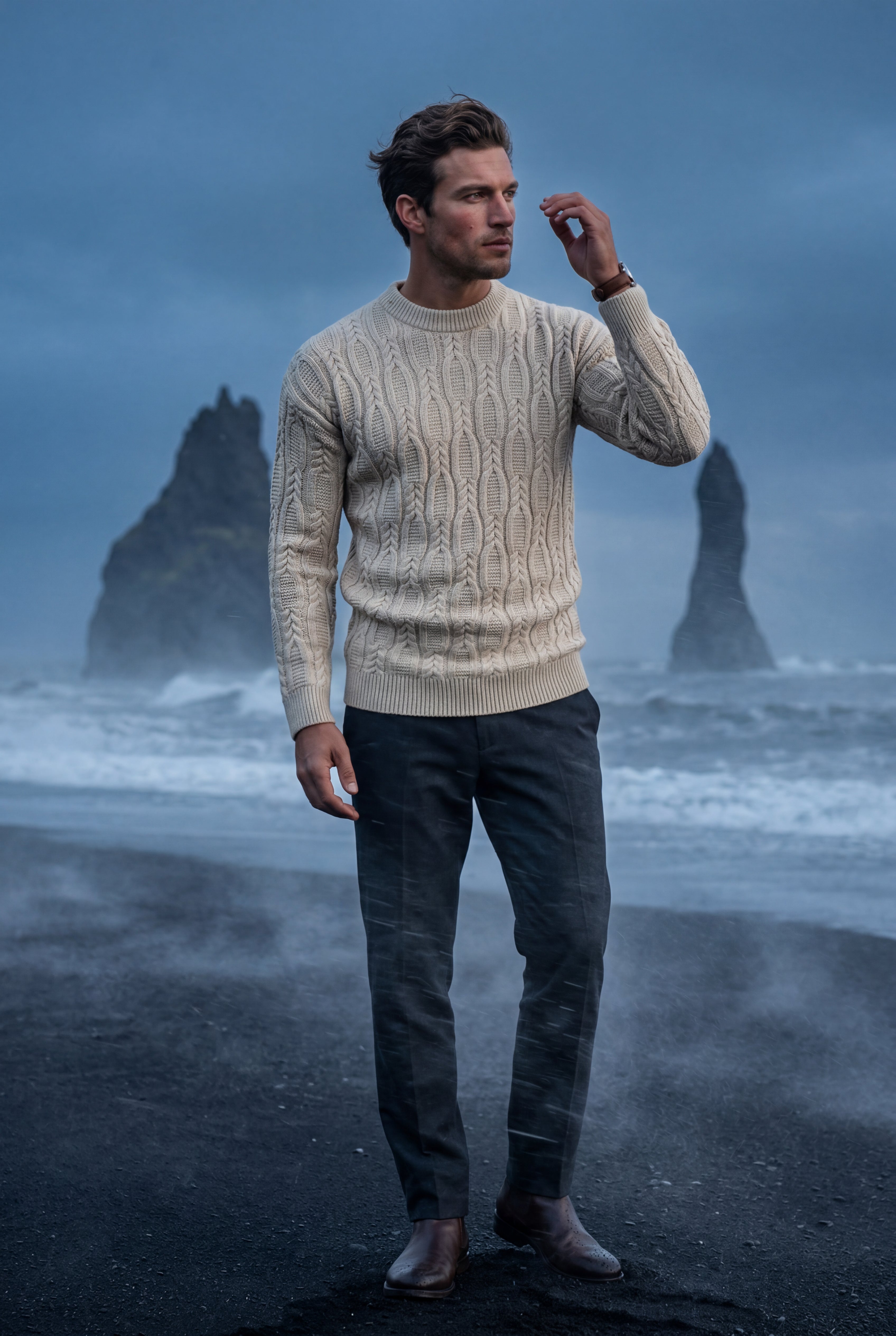 A chunky cable-knit jumper for cold days – Men’s round-neck jumper
