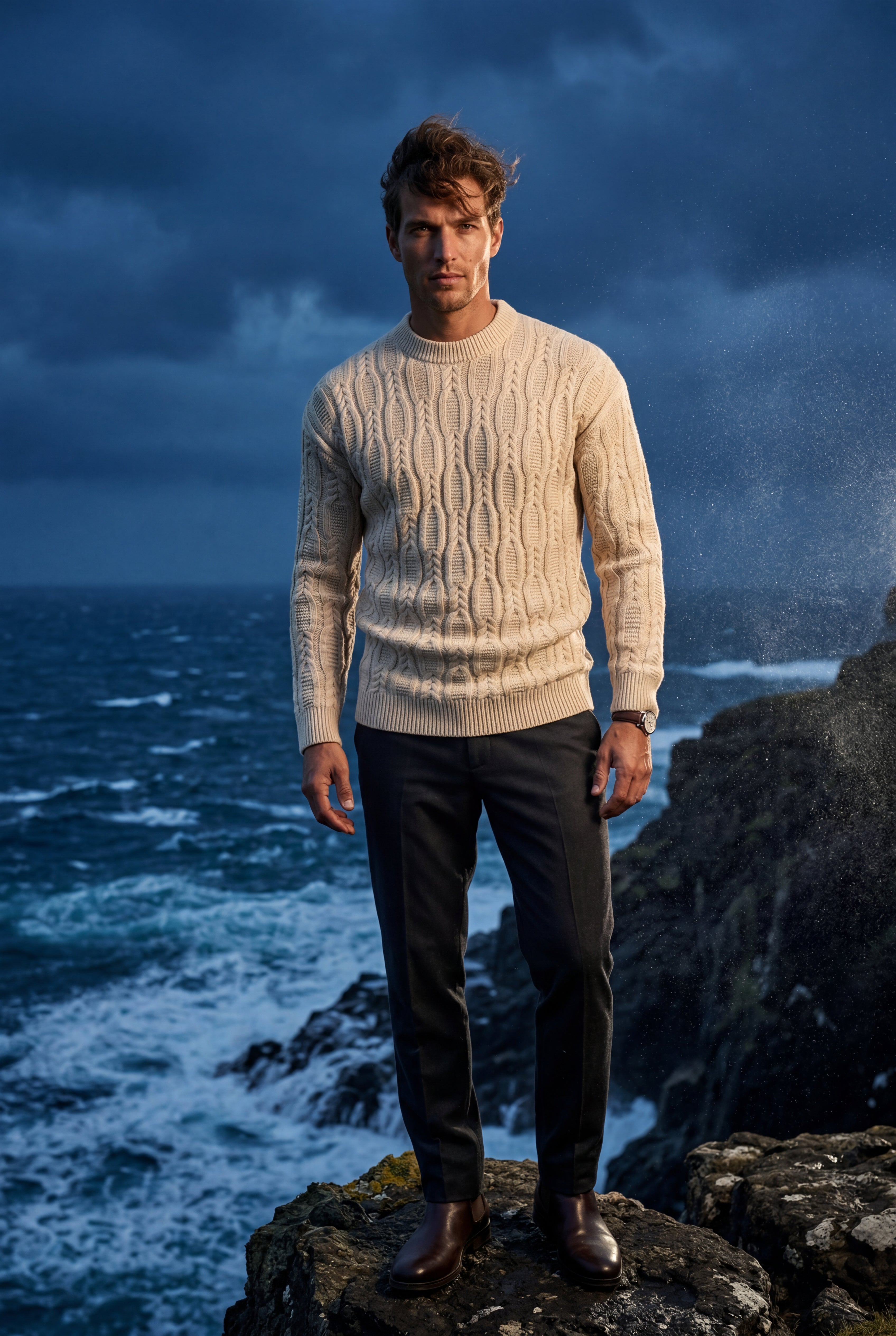 A chunky cable-knit jumper for cold days – Men’s round-neck jumper