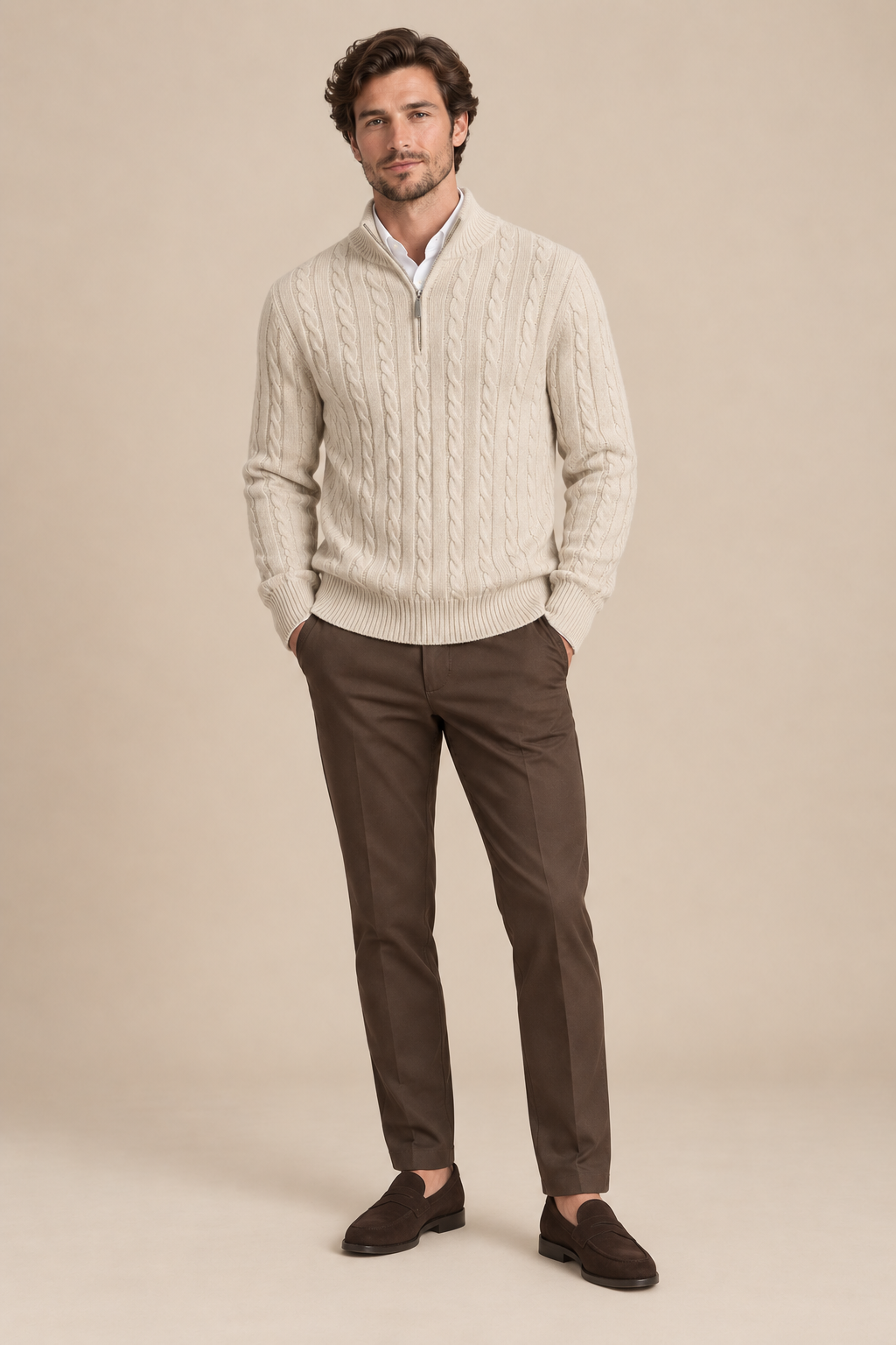 Men’s 100% Cashmere Cable-Knit Half-Zip Jumper