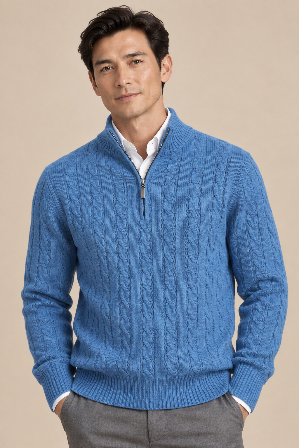 Men’s 100% Cashmere Cable-Knit Half-Zip Jumper