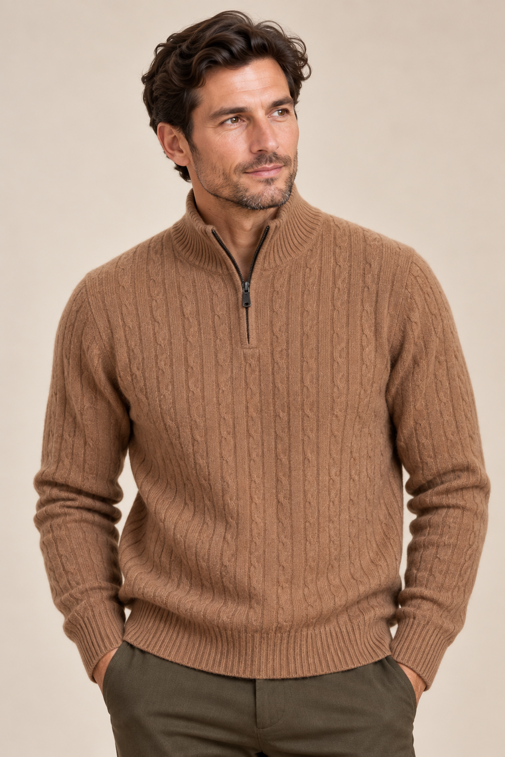 Men’s 100% Cashmere Cable-Knit Half-Zip Jumper