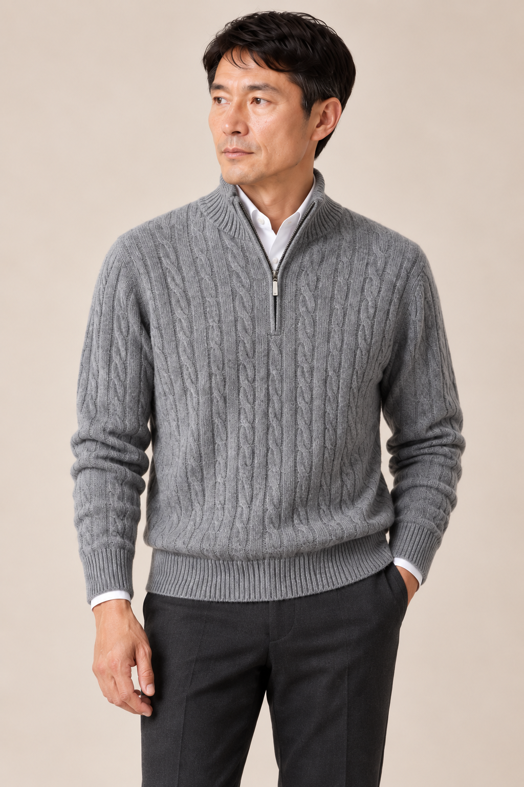 Men’s 100% Cashmere Cable-Knit Half-Zip Jumper