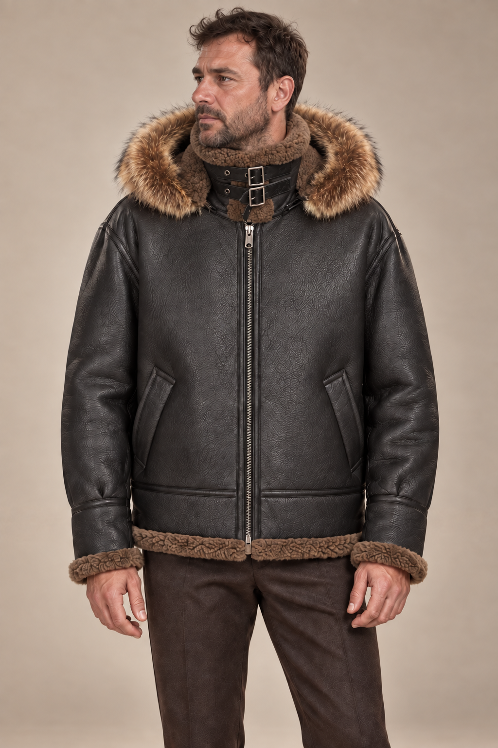 Men’s Sheepskin Shearling Aviator Jacket with Fur-Trimmed Hood