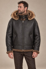 Men’s Sheepskin Shearling Aviator Jacket with Fur-Trimmed Hood