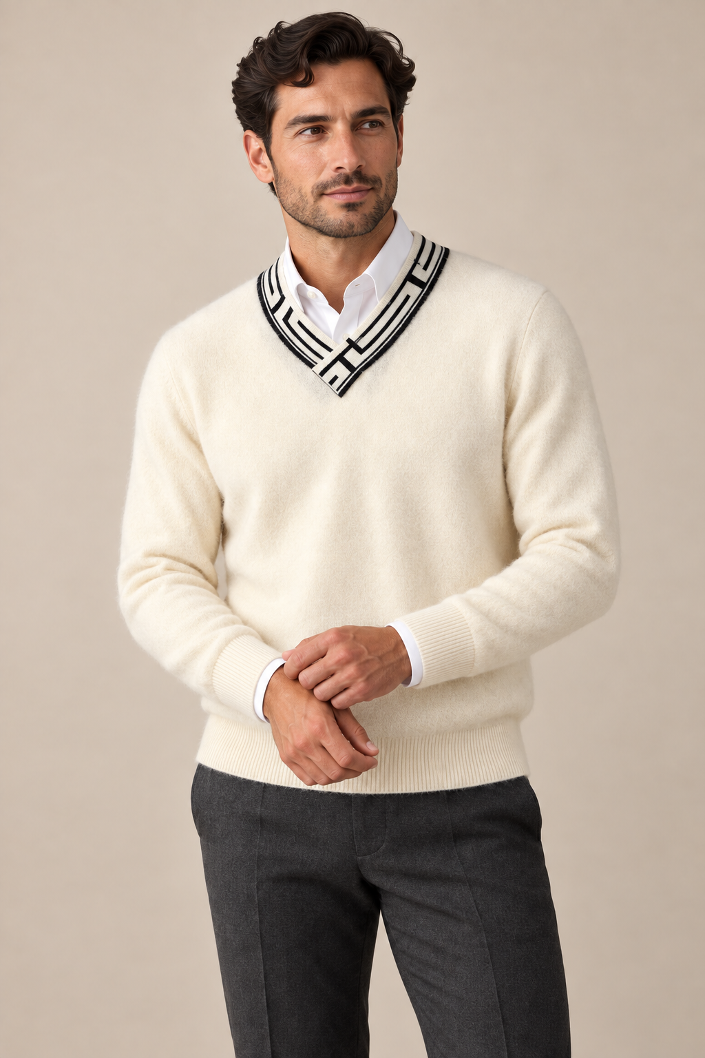 Men’s 100% Cashmere V-Neck Jumper with Contrast Trim