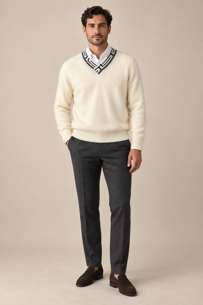 Men’s 100% Cashmere V-Neck Jumper with Contrast Trim
