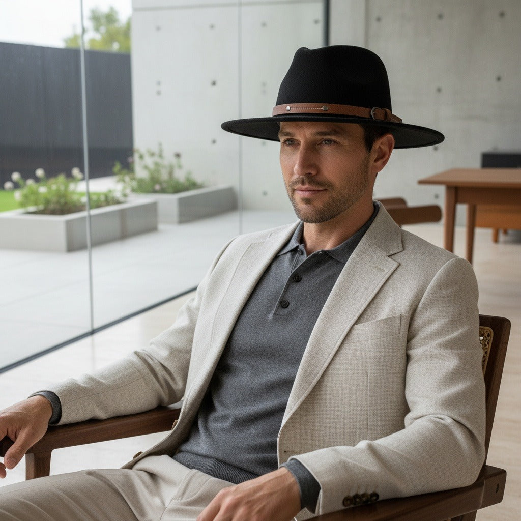 Men’s Wide-Brim Felt Fedora Hat with Contrast Band