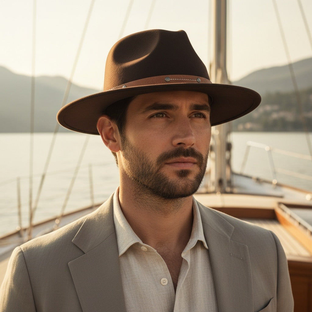Men’s Wide-Brim Felt Fedora Hat with Contrast Band