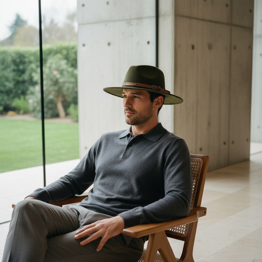 Men’s Wide-Brim Felt Fedora Hat with Contrast Band
