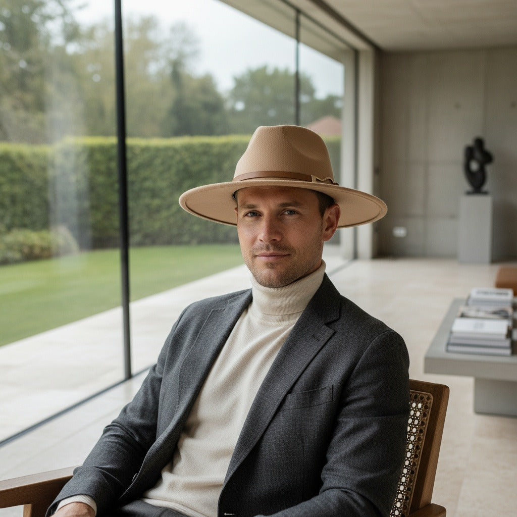 Men’s Wide-Brim Felt Fedora Hat with Contrast Band