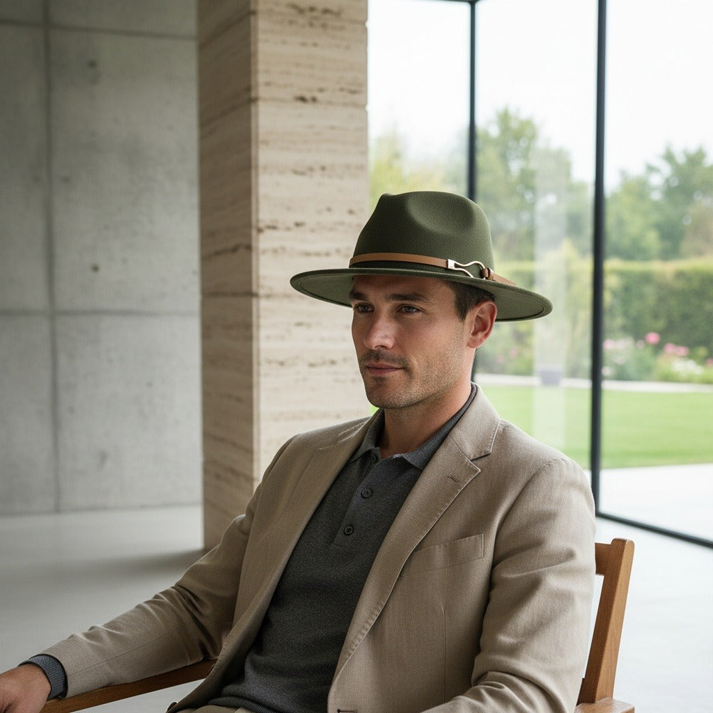 Men’s Wide-Brim Felt Fedora Hat with Contrast Band