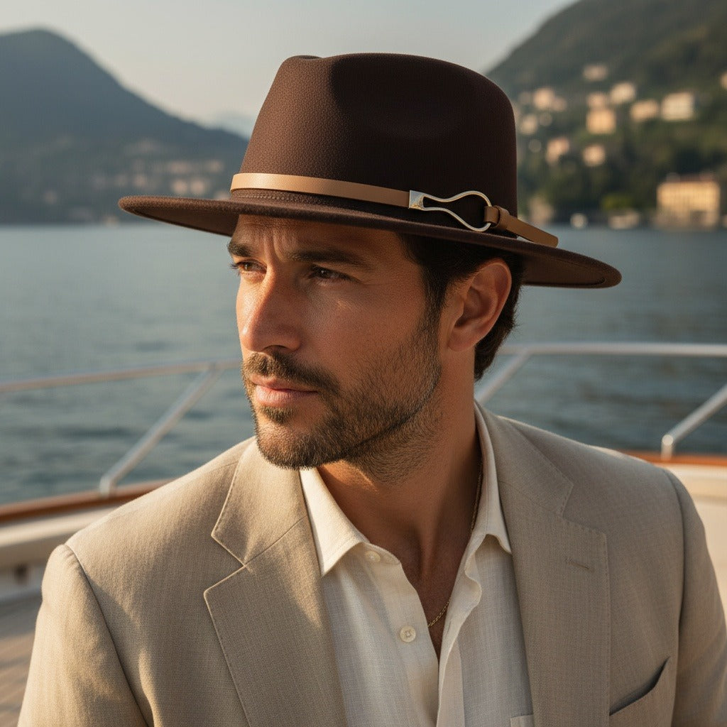 Men’s Wide-Brim Felt Fedora Hat with Contrast Band