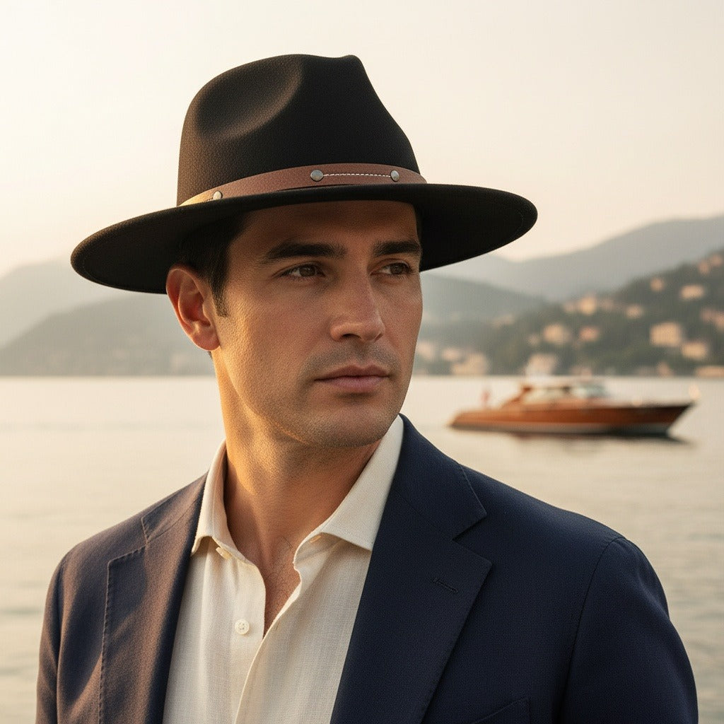 Men’s Wide-Brim Felt Fedora Hat with Contrast Band