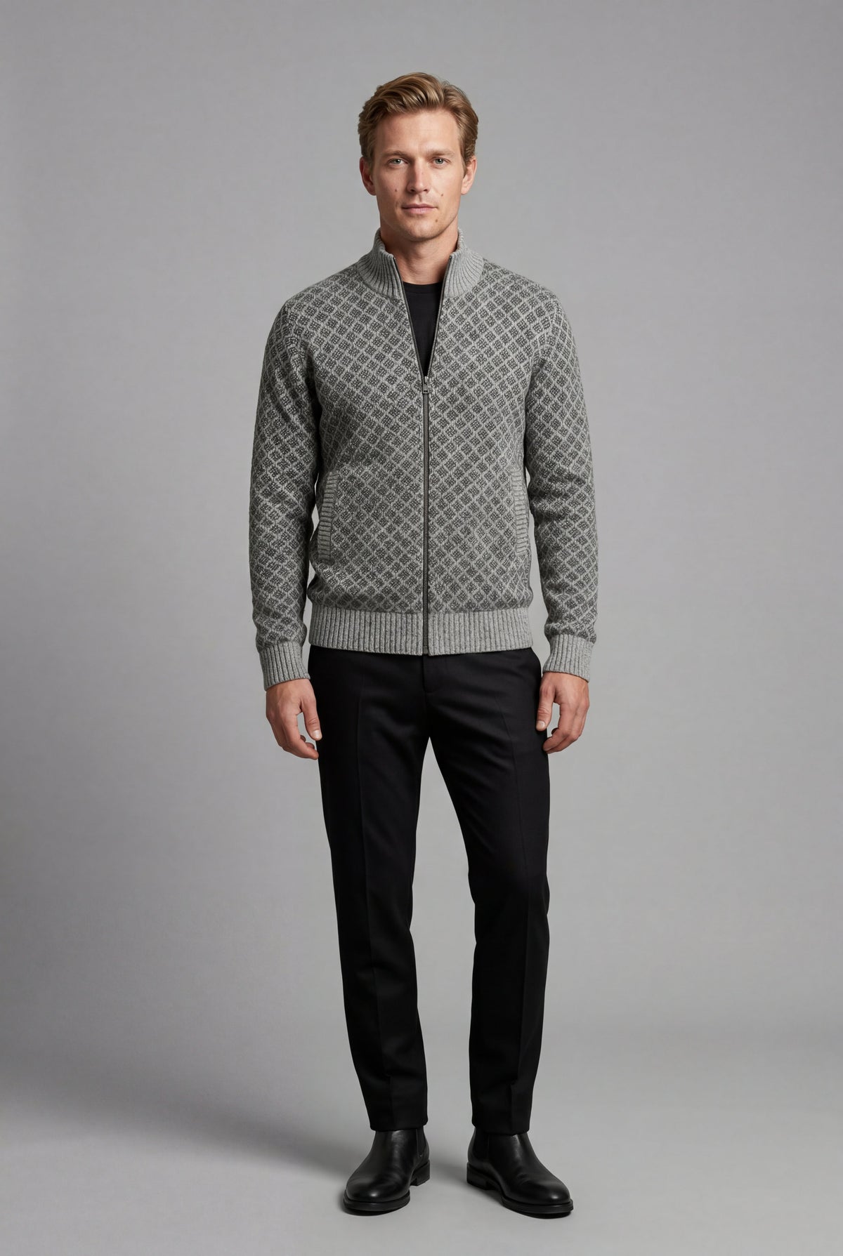 Men's Zip Up Cardigan with Diamond Knit Pattern