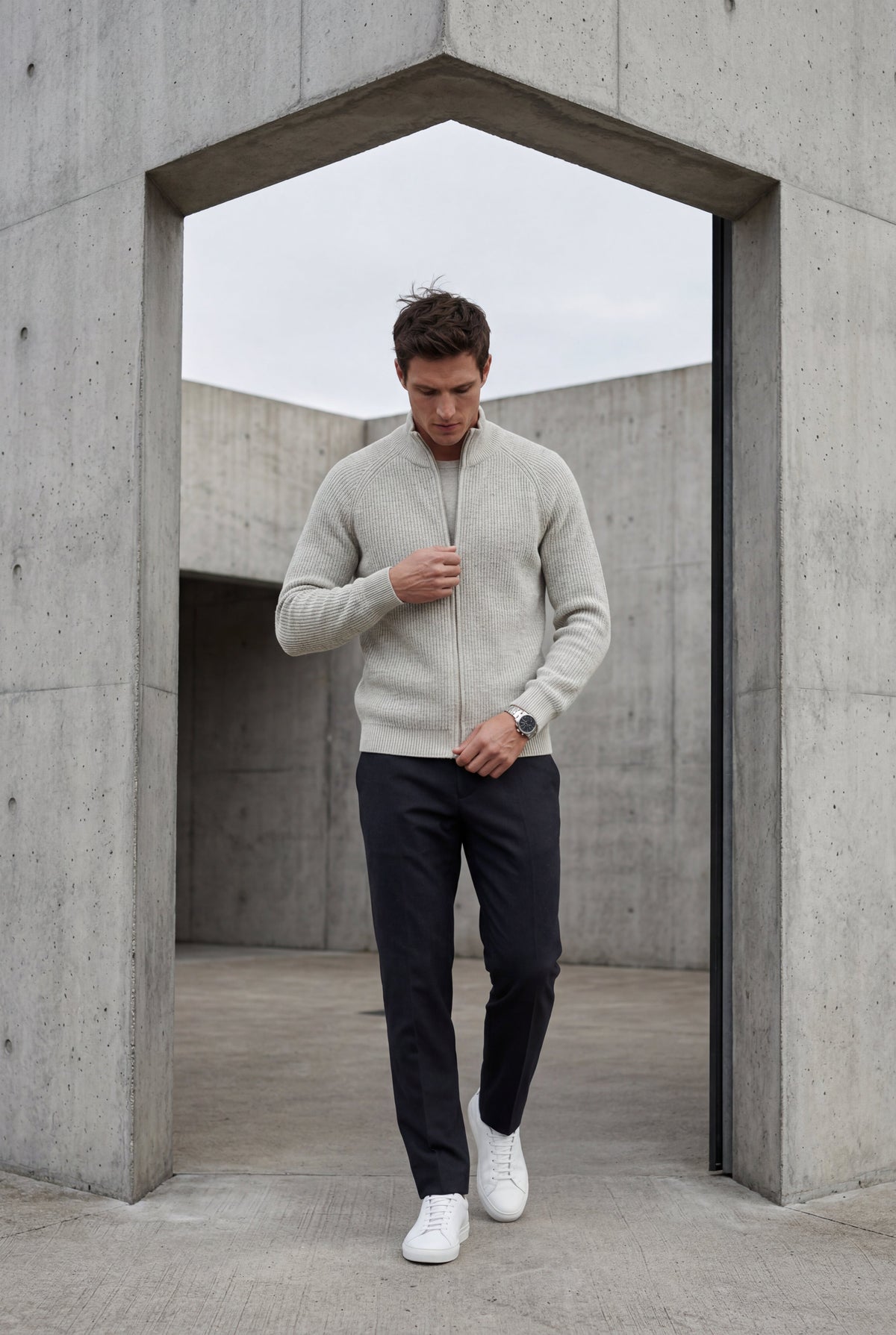Men's Ribbed Knit Zip Up Cardigan