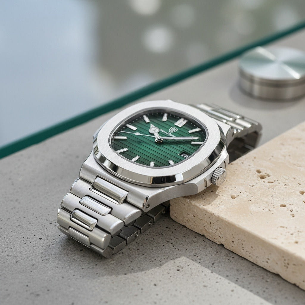 Men’s Stainless Steel Quartz Watch with Green Textured Dial