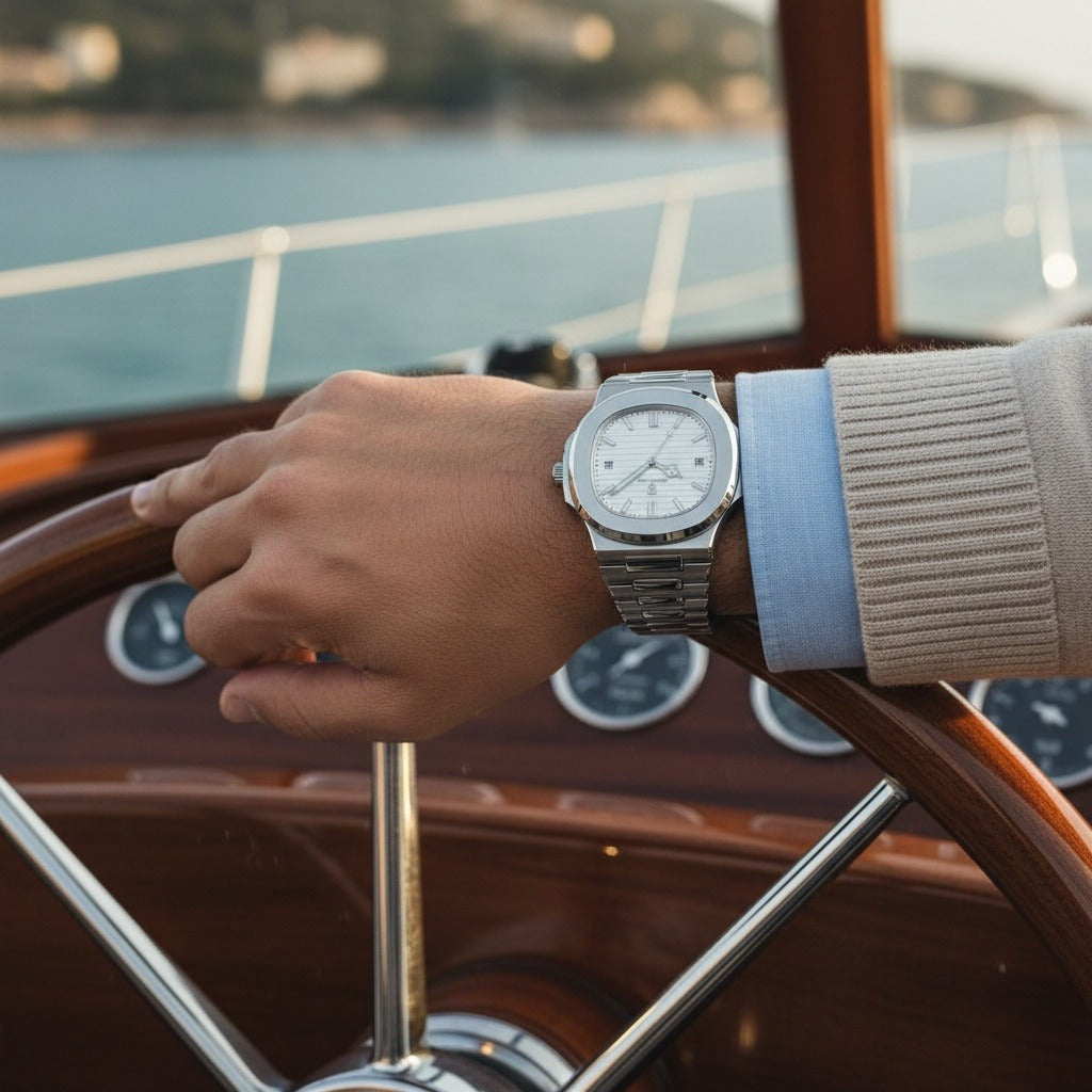 Men’s Stainless Steel Quartz Watch with White Textured Dial