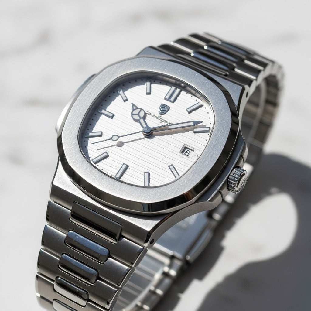 Men’s Stainless Steel Quartz Watch with White Textured Dial