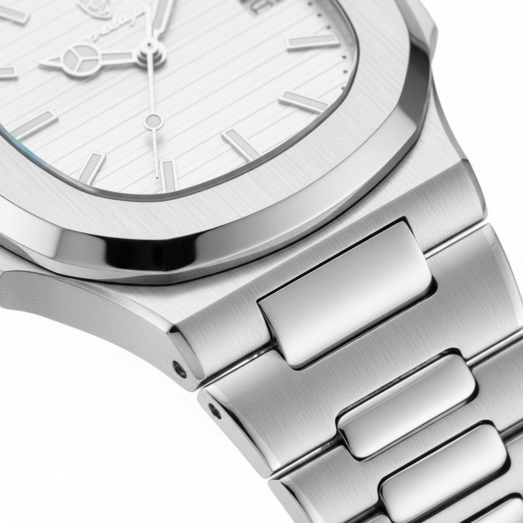 Men’s Stainless Steel Quartz Watch with White Textured Dial