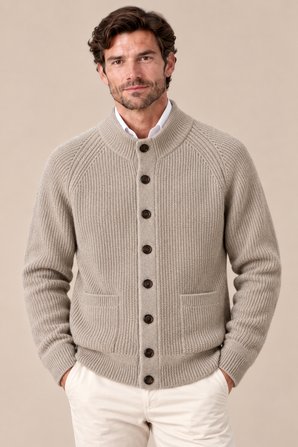 Men’s 100% Cashmere Single-Breasted Half-Turtleneck Cardigan