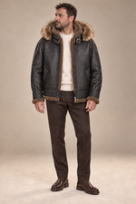 Men’s Sheepskin Shearling Aviator Jacket with Fur-Trimmed Hood