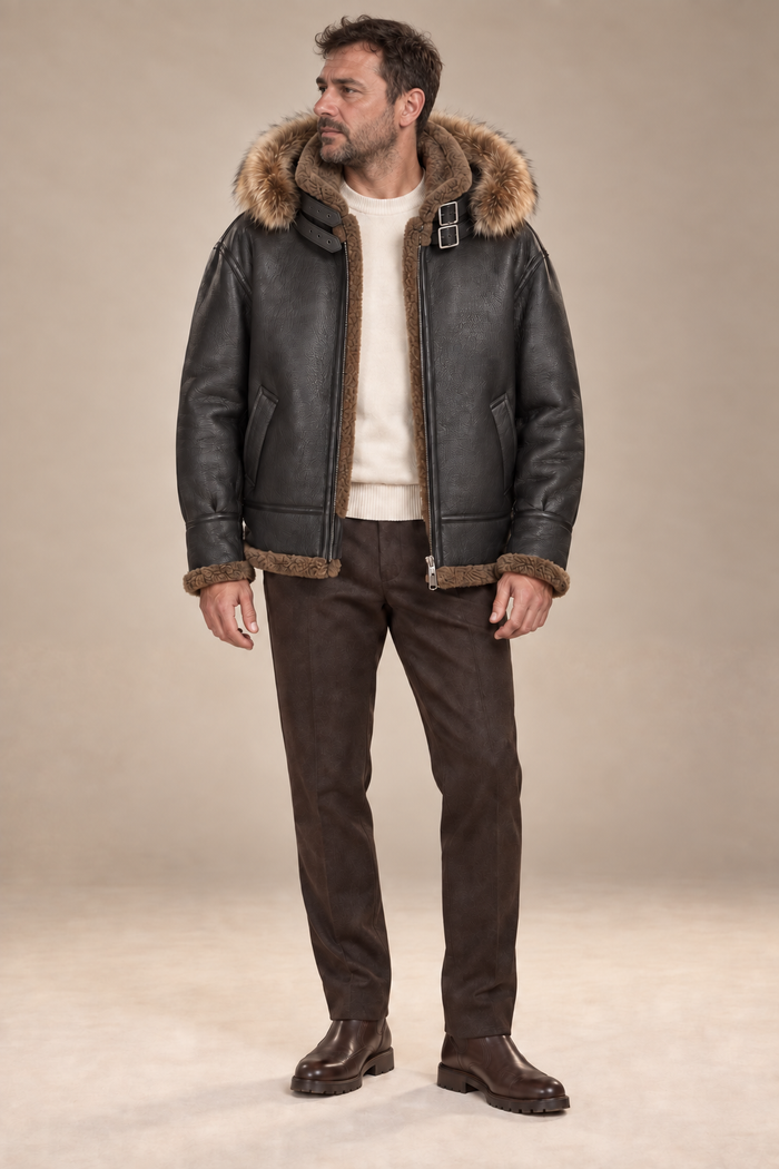 Men’s Sheepskin Shearling Aviator Jacket with Fur-Trimmed Hood