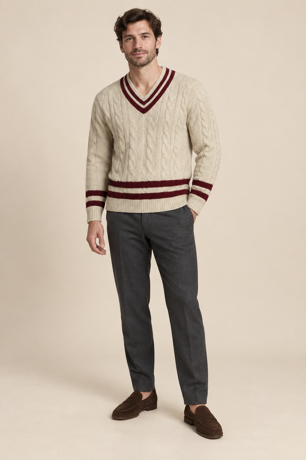 Men's Cable Knit V Neck Jumper with Contrast Trim