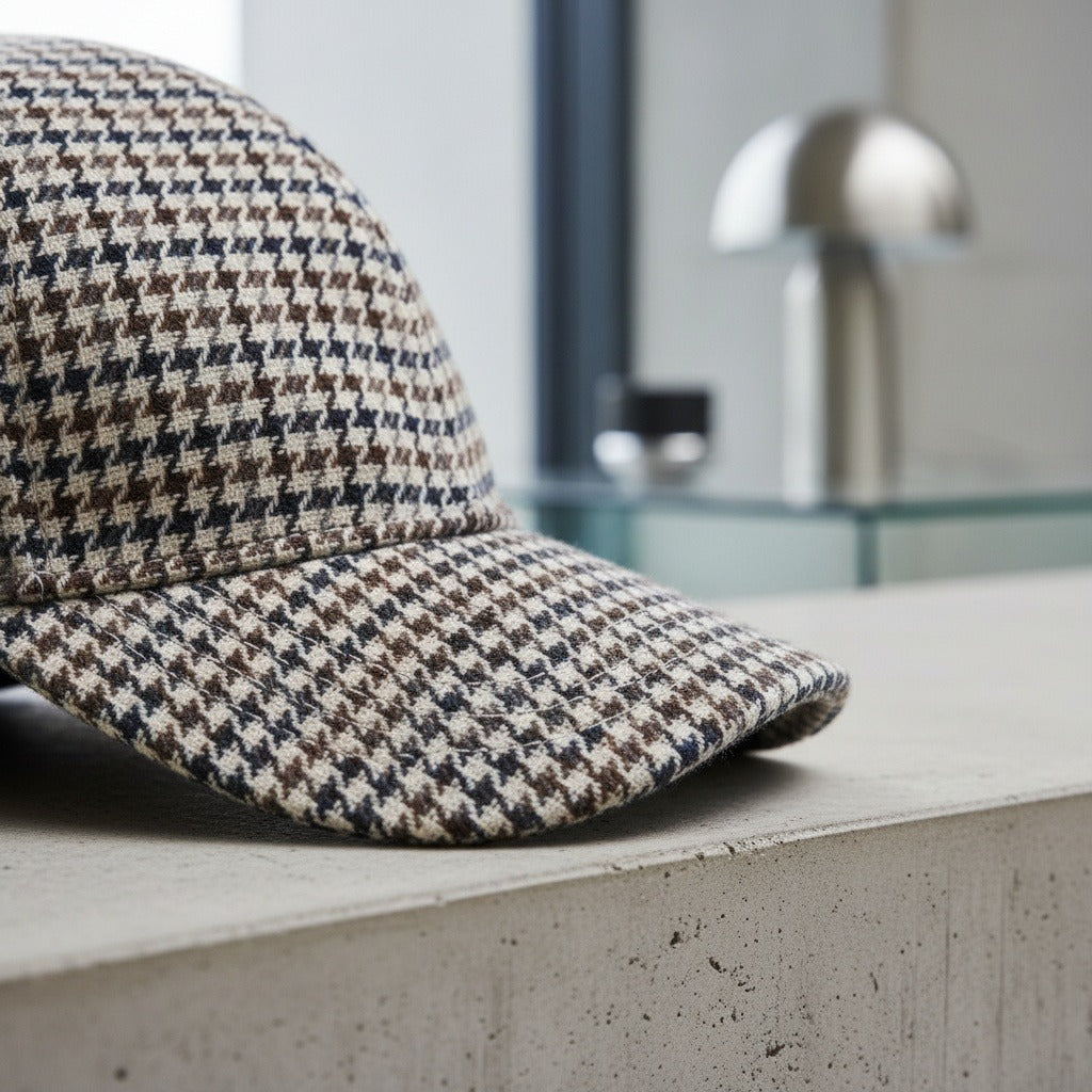 Men’s Houndstooth Check Baseball Cap with Curved Brim