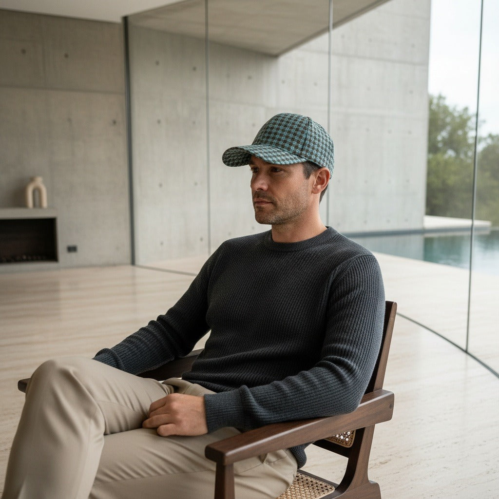 Men’s Houndstooth Check Baseball Cap with Curved Brim