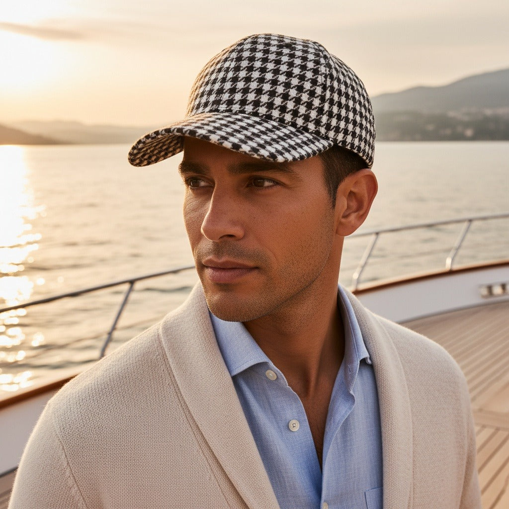 Men’s Houndstooth Check Baseball Cap with Curved Brim