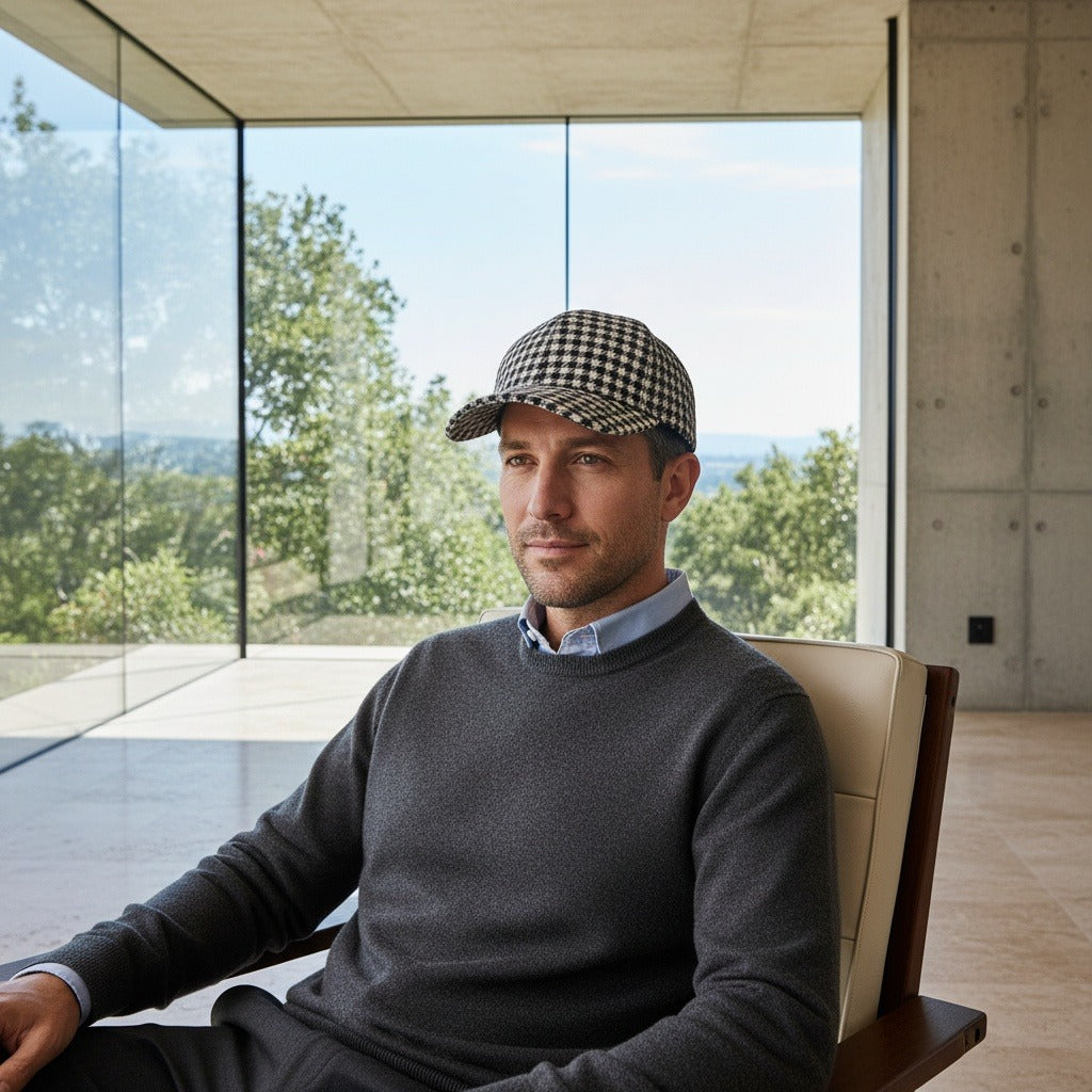 Men’s Houndstooth Check Baseball Cap with Curved Brim