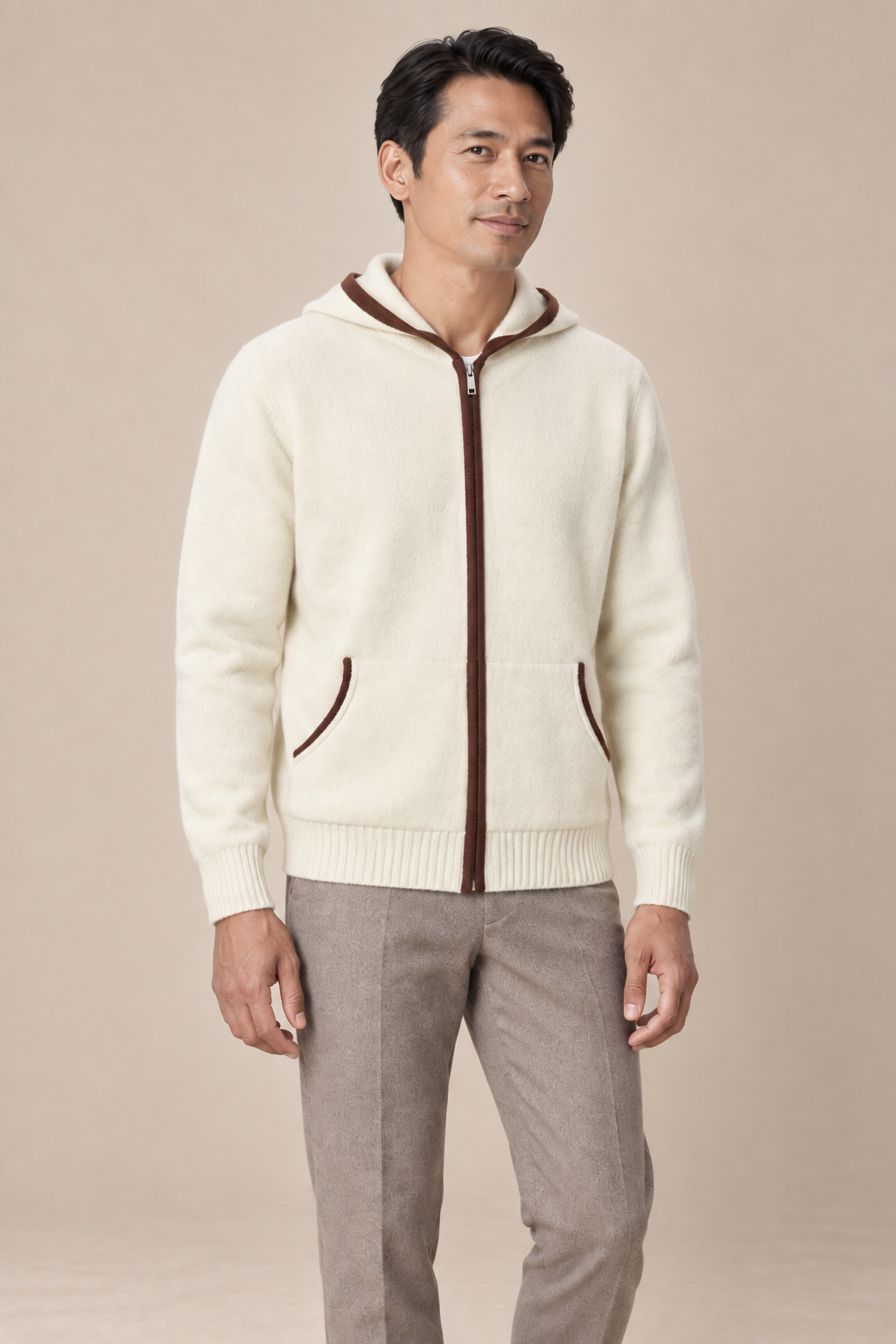 Men’s 100% Cashmere Full-Zip Hoodie with Contrast Trim