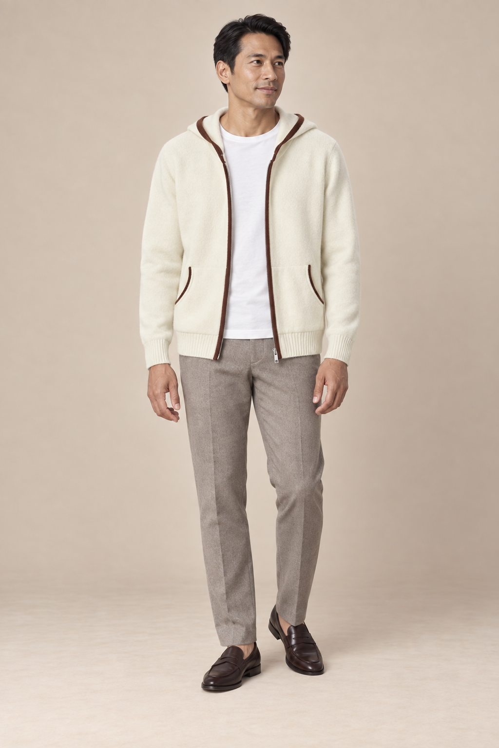 Men’s 100% Cashmere Full-Zip Hoodie with Contrast Trim