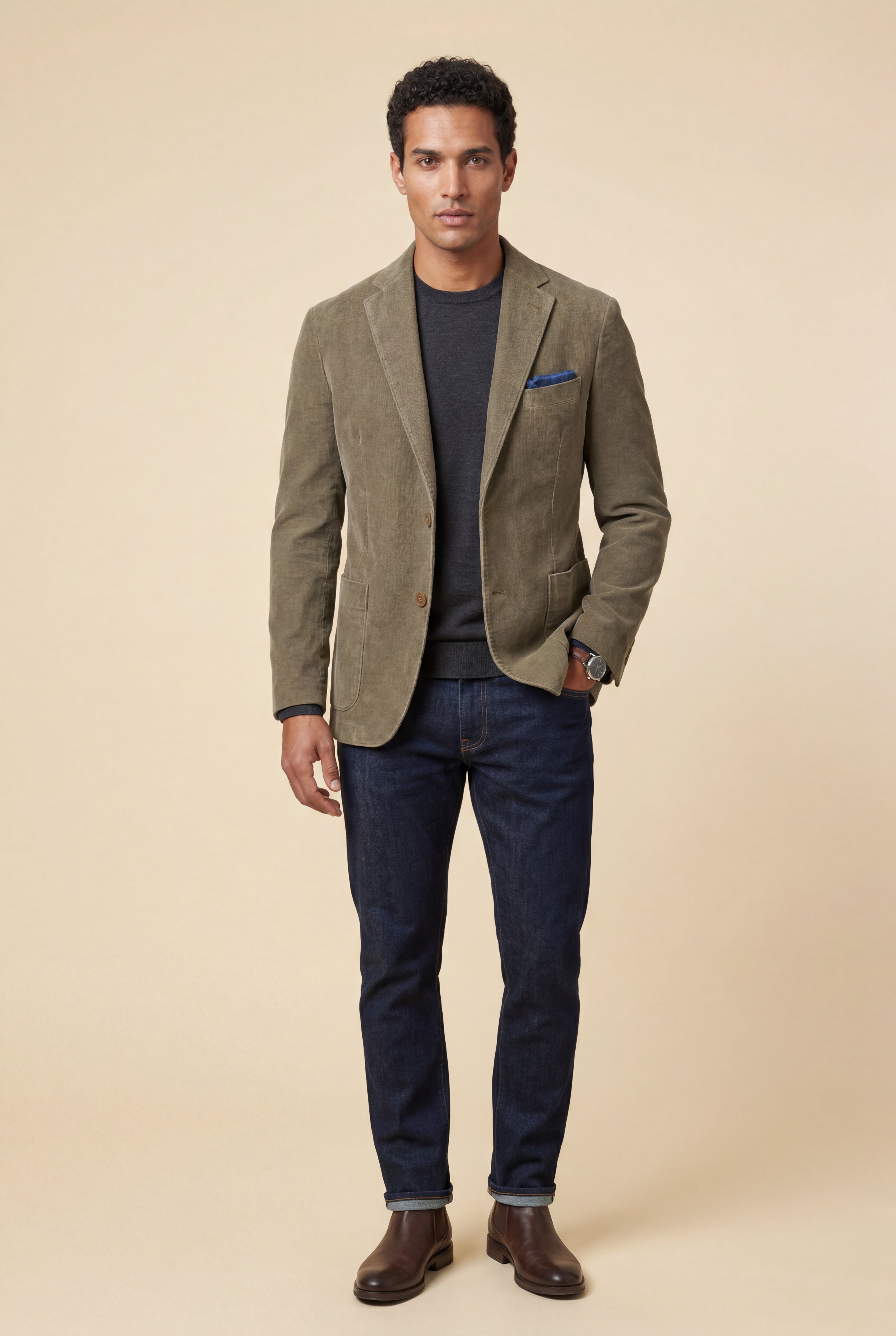 Lerovan – Olive Green Single-Breasted Blazer