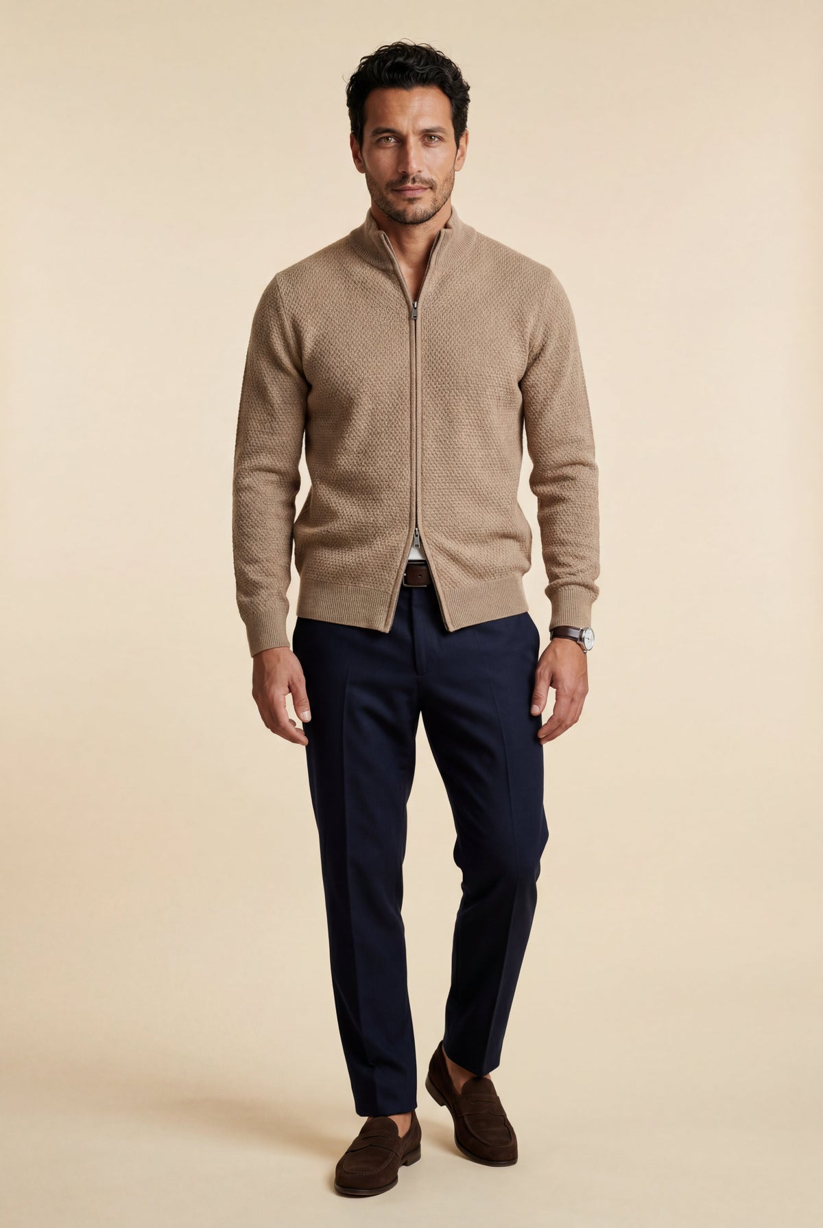 Men's Textured Knit Zip Up Cardigan