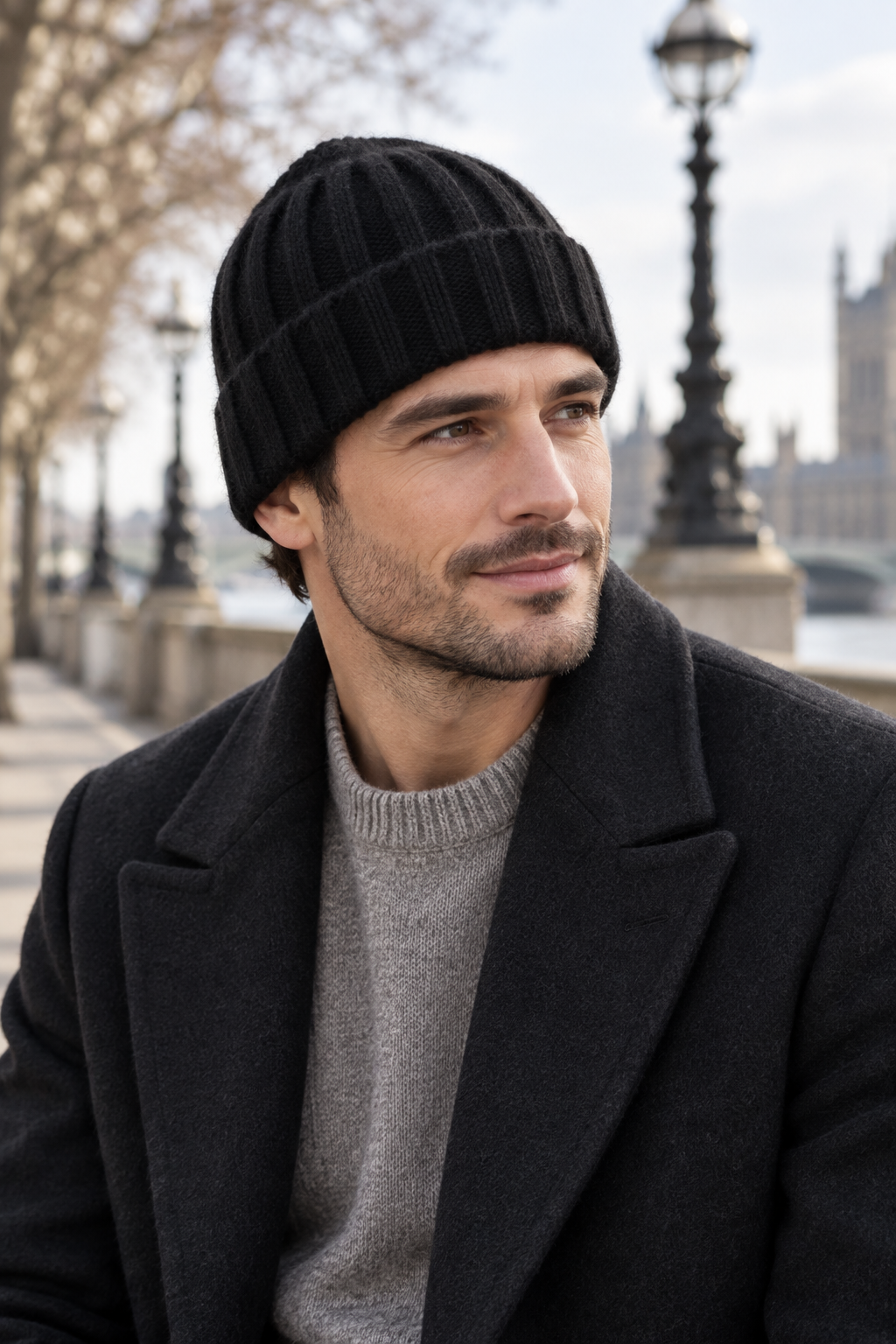 Men’s 100% Cashmere Ribbed Knitted Beanie Hat