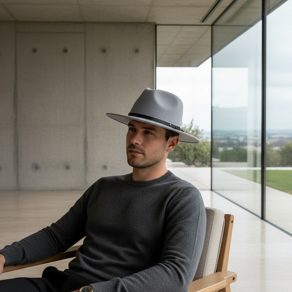 Men’s Felt Fedora Hat with Wide Brim and Buckle Band