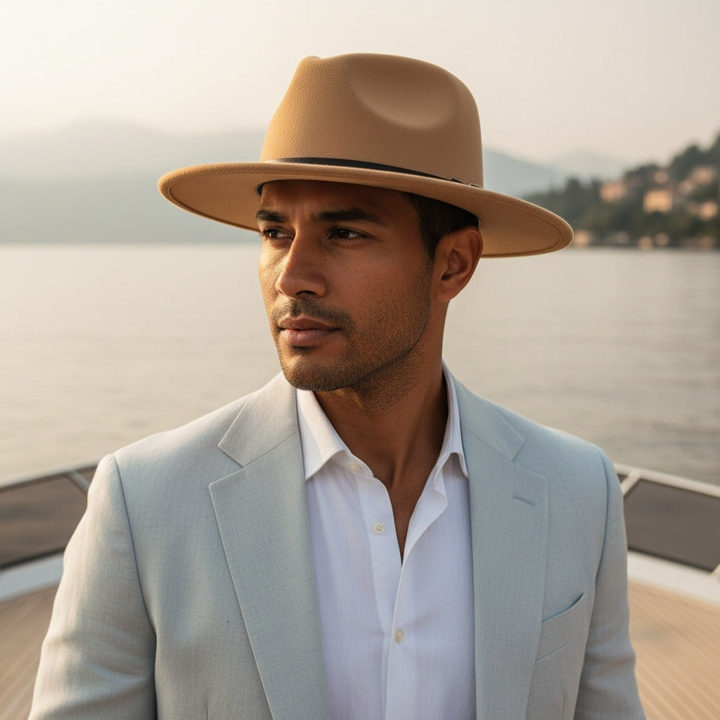 Men’s Felt Fedora Hat with Wide Brim and Buckle Band