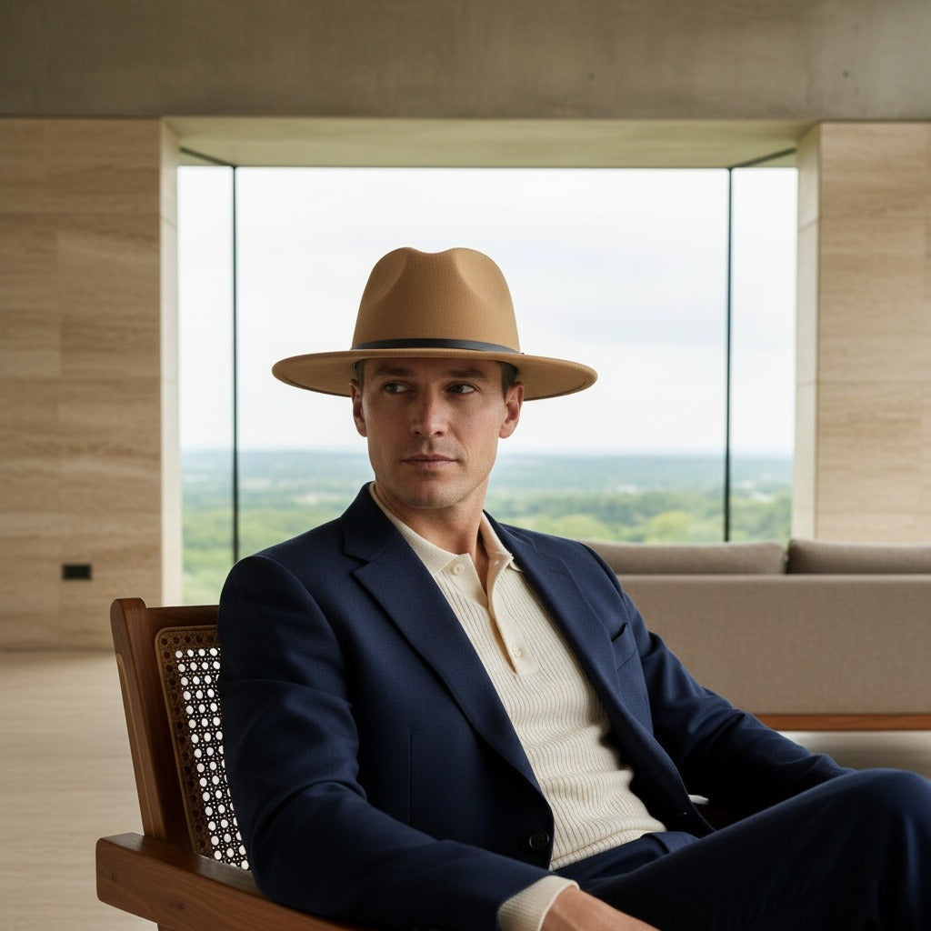 Men’s Felt Fedora Hat with Wide Brim and Buckle Band