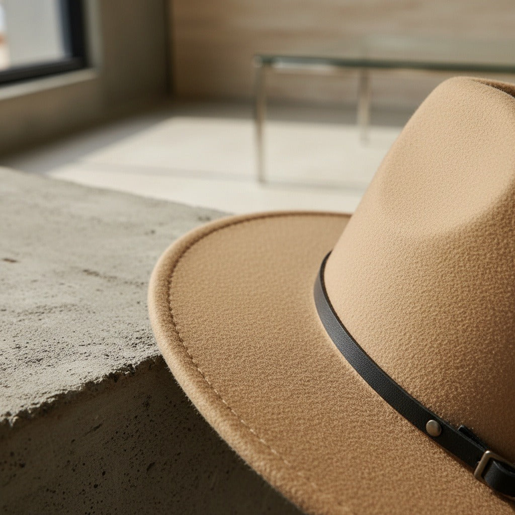 Men’s Felt Fedora Hat with Wide Brim and Buckle Band
