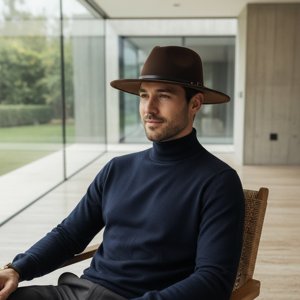 Men’s Felt Fedora Hat with Wide Brim and Buckle Band