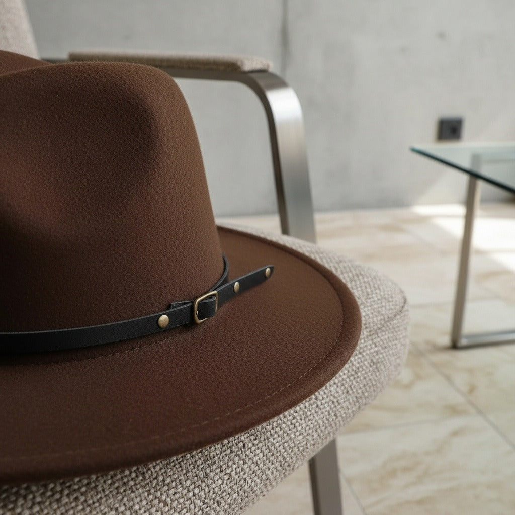 Men’s Felt Fedora Hat with Wide Brim and Buckle Band