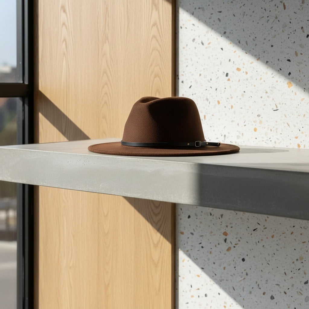 Men’s Felt Fedora Hat with Wide Brim and Buckle Band