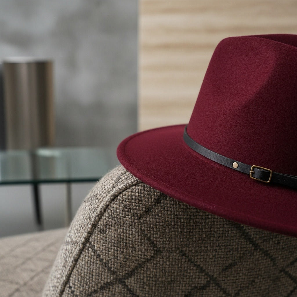 Men’s Felt Fedora Hat with Wide Brim and Buckle Band